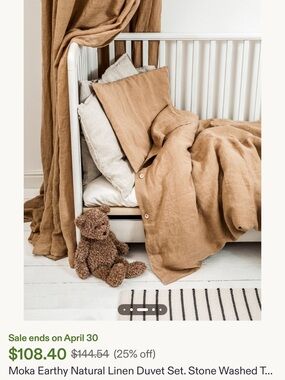 2 organic linen kids duvet covers + pillow cases, mocha and cream colors
